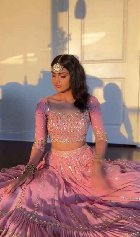 Indian Sweet 16 Outfits, Desi Frock Style, Sweet Sixteen Lengha, Lengha For Prom, Poses With Lehenga At Home, Lengha Picture Ideas, Lehenga For Prom, Aesthetic Lehenga Simple, Lehenga Inspo Aesthetic