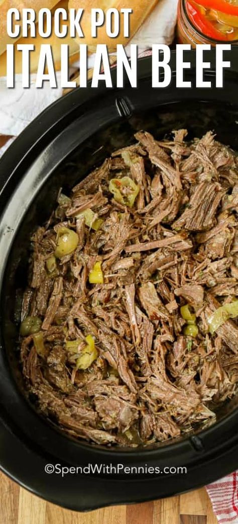 This easy crockpot Italian Beef is perfect for tailgating. Cooked with pepperoncinis and shredded, it is delicious as an appetizer on sliders or as filling sandwiches! #spendwithpennies #crockpotitalianbeef #slowcookeritalianbeef #Italianbeefsandwiches #maindish #tailgating #beefrecipe #slowcooker #crockpot Tailgating Sandwiches, Crockpot Italian Beef, Crock Pot Italian Beef, Italian Beef Crockpot, Crock Pot Italian, Italian Beef Recipes, Crockpot Italian, Italian Pot Roast, Slow Cooker Italian Beef