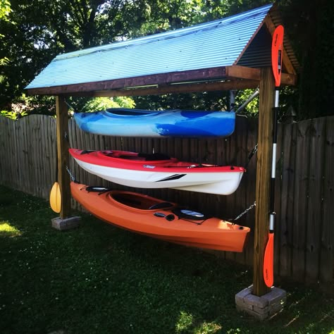 Kayak rack diy                                                                                                                                                                                 More Diy Kayak Storage Rack, Kayak Rack Diy, Diy Kayak Storage, Kayak Diy, Canoe Storage, Canoe Rack, Kayak Stand, Kayak Ideas, Kayak Storage Rack