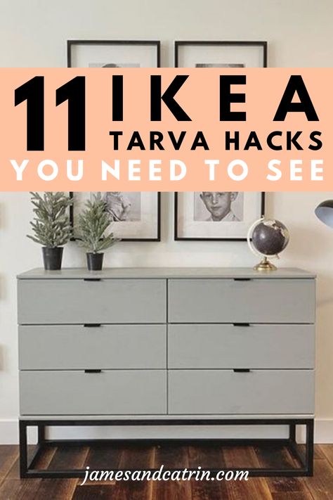 The Ikea Tarva dresser is a really basic, inexpensive piece of furniture and is perfect for hacking. These Ikea Tarva dresser hacks demonstrate just what you can do to create something amazing for your home. You can get the designer look without spending a lot with these Ikea Tarva hacks. #ikeatarvhack #ikeahacks #dresser #jamesandcatrin Ikea Dresser Drawer Hack, Bedroom Dresser Alternatives, Cheap Dresser Ideas, Wall Of Dressers Bedroom, Bjorksnas Ikea Dresser, Ikea Dresser Ideas, Ikea Tarva Dresser Makeover, Alternative Dresser Ideas, Koppang Dresser Hack