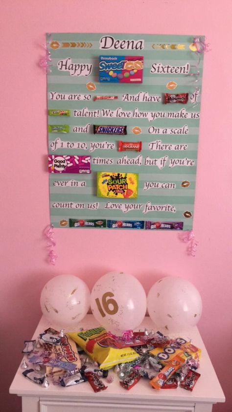 Sweet 16 birthday signs Candy everything! #rowscreations Candy Sweet 16 Theme, Sweet 16 Bouquet Ideas, Sweet 16 Gift Ideas For Daughter, Sweet 16 Present Ideas, Sweet 16 Activities, Birthday Punch, Sweet 16 Presents, Sweet 16 Winter Wonderland, Sweet 16 Winter