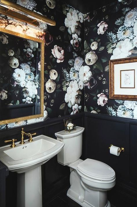 A dozen inspiring home decor-related examples of the dark, moody floral pattern trend.       #["eclectic", "Eye-Candy", "Inspiration", "floral", "Entryway & Hall", "Kitchen", "Office & Workspace", "bathroom", "bedroom", "closet", "living room"] Black Powder Room, Estilo Kitsch, Powder Room Design Ideas, Black Wainscoting, Moody Florals, Powder Room Decor, Powder Room Design, Large Floral Print, Bold Wallpaper