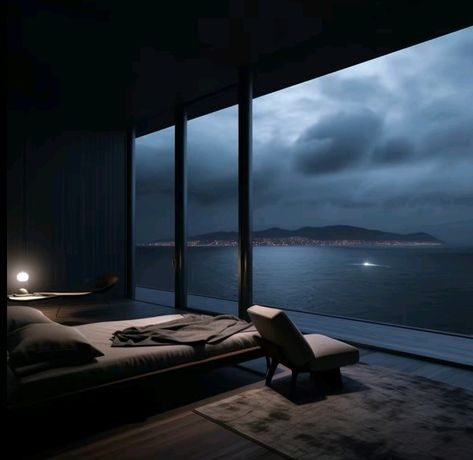 Bedroom With Tub, Dark House Aesthetic, Village Interior, Interesting Locations, Peaceful View, Ocean Bedroom, Black Architecture, Dark House, Dream Life House