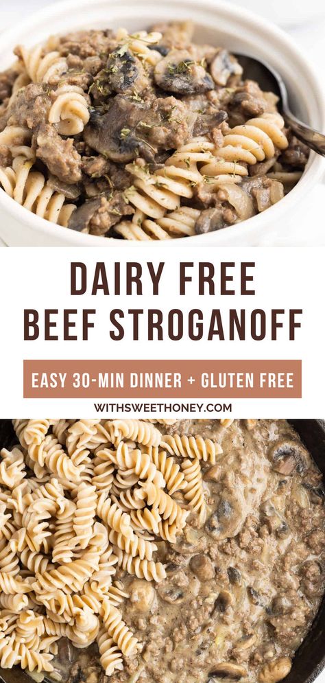 Indulge in the incredible flavors of our savory ground beef stroganoff made with dairy-free and gluten-free ingredients! This dish comes together in under 30 minutes, making it an ideal option for those busy weeknight dinners. Prepare to be thoroughly satisfied and ready for seconds after just one bite! Gluten Free Stroganoff, Beef Stroganoff Dairy Free, Dairy Free Beef Stroganoff, Dairy Free Sauce, Dairy Free Sauces, Gluten Free Dinner Ideas, Mushrooms And Onions, Ground Beef Stroganoff, Meals To Try