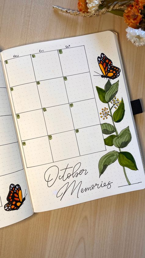 Butterfly Bujo, Bullet Journal Bookshelf, Autumn Bullet Journal, October Bujo, October Bullet Journal, Bullet Journal September, Bullet Journal Monthly Spread, Green Minimalist, Bullet Journal Ideas Templates