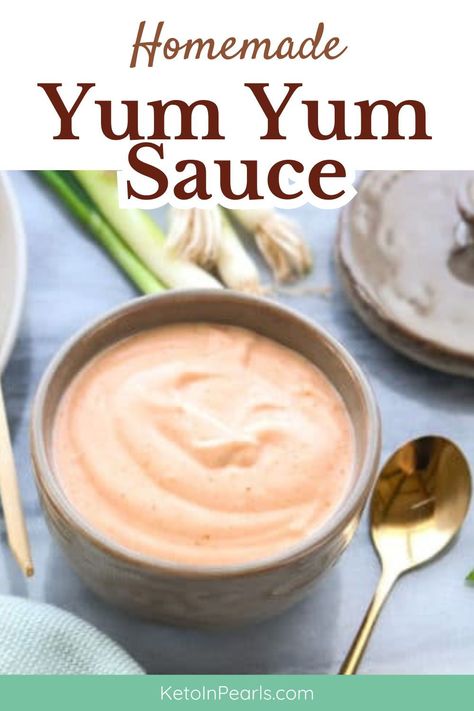 Keto yum yum sauce that tastes just like the hibachi restaurant! It is sugar-free, dairy-free, gluten-free, and paleo friendly. Enjoy it on fried cauliflower rice, burgers, salads, chicken, and shrimp. At Home Hibachi, Home Hibachi, Yum Sauce Recipe, Yum Yum Sauce Recipe, Hibachi Restaurant, Dipping Sauces For Chicken, Yum Sauce, Keto Sauces, Yum Yum Sauce