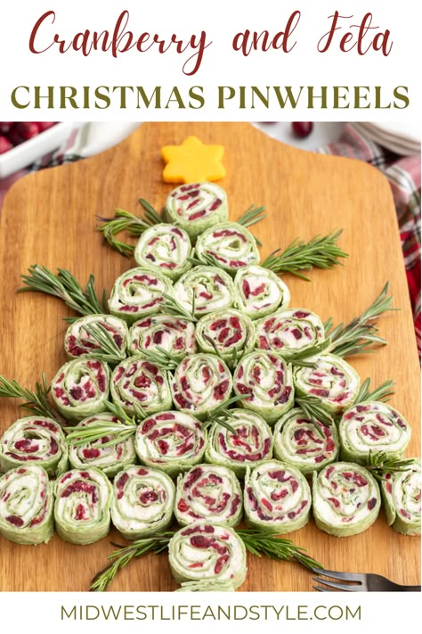 Quick And Festive Cranberry And Feta Christmas Pinwheels - Midwest Life and Style Blog Cranberry Feta Pinwheels Recipe, Christmas Pinwheels, Cranberry Feta Pinwheels, Christmas Cheese Tree, Feta Pinwheels, Cranberry Appetizer, Tortilla Pinwheels, Pinwheels Recipe, Dried Cranberry