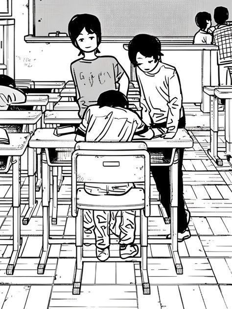 School Manga Panel, Classroom Drawing, Comic School, Chica Dark, Manga School, Bigger Eyes, Comic Book Drawing, Comic Style Art, Food Poster Design