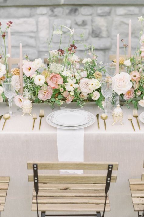 An elegant wedding featuring a neutral color palette with touches of blush and cappuccino roses. Nothing more perfect than a romantic, intimate wedding filled with luscious blooms and flowers. Photo: Belinda Jean Photography Wedding Floral Table Runners, Romantic Wedding Table Decor, Coral Bouquet, French Country Wedding, Wedding Venues Pennsylvania, Gray Table, Blush Wedding Flowers, Wedding Reception Flowers, Floral Runner