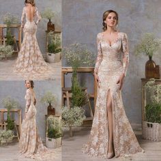 Champagne Wedding Dresses, Champagne Wedding Dress, Wedding Dress Mermaid, Blush Pink Wedding Dress, Wedding Dresses Mermaid, Wedding Dress Champagne, Bridal Gowns Mermaid, Pink Wedding Dresses, Long Sleeve Wedding Dress Lace