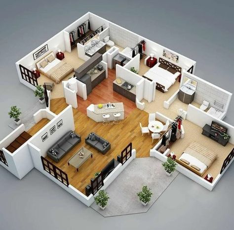 3d House Plans, House Design Exterior, Apartment Floor Plans, Sims House Plans, House Layout Plans, Sims House Design, 3d Floor, Bungalow House Design, Open Spaces