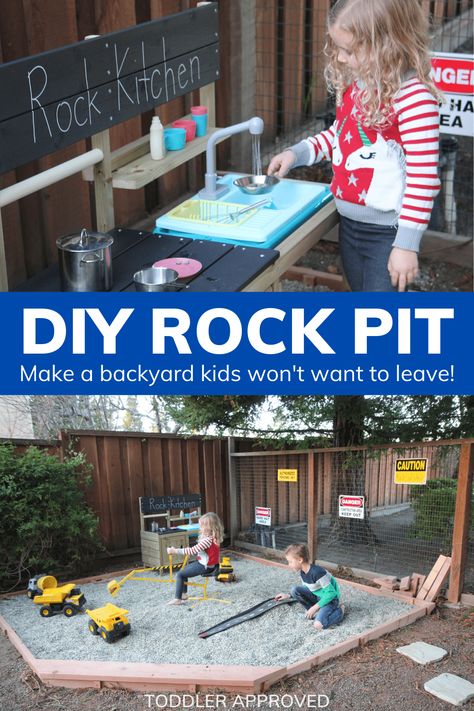 Backyard Construction Play Area - Toddler Approved Construction Play Area Outdoor, Small Yard Play Area For Kids, Rock Pit Play Area, New Construction Backyard Ideas, Backyard Ideas For Toddlers, Kids Patio Play Area, Backyard Toddler Play Area, Outside Play Area For Kids, Daycare Backyard