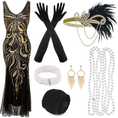 PRICES MAY VARY. 1920S ACCESSORIES FOR WOMEN PACK: 1 × great gatsby party dress, 1 × feather gold headband, 1 × pearl bracelet, 1 × pearl necklace, 1 × black prop, 1 × fishnet tights, 1 pair of black long gloves(2pcs), 1 pair of gold tassel earrings(2pcs), in total 10 pieces READ BEFORE BUYING: Mesdium:33.46(bust/in),28.35(waist/in)37.01(hips/in);Large:35.43(bust/in),30.71(waist/in),39.37(hips/in);X-Large:37.40(bust/in),33.86(waist/in),41.34(hips/in) CHARMING DESIGN: Roaring 20s costumes for wom Masquerade Theme Party Outfit, Roaring 20s Accessories, Charleston Design, 20s Accessories, 1920s Vintage Dresses, Masquerade Halloween Party, Oktoberfest Outfits, Fringed Dress, Dresses Christmas