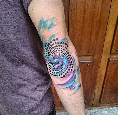 Meaningful Watercolor Tattoos, Watercolor Elbow Tattoo, Spiral Tattoos, Tattoo Salon, Tattoo Dotwork, Elements Tattoo, Small Tattoos With Meaning, Geometry Tattoo, Elbow Tattoos