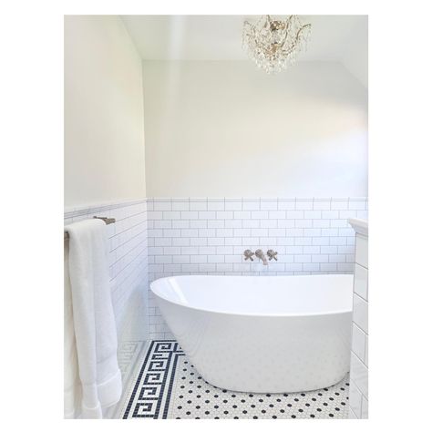 Mary Best | This Greek Key tile wraps around the entire bathroom perimeter. Epitome of a classic pattern. Symbolizes eternity & unity. . . . #greekkey… | Instagram Greek Tiles, Mediterranean Interior Design, Mediterranean Interior, Inside Decor, Free Standing Tub, Greek Key, Decor Tips, Classic Pattern, Bathroom Flooring