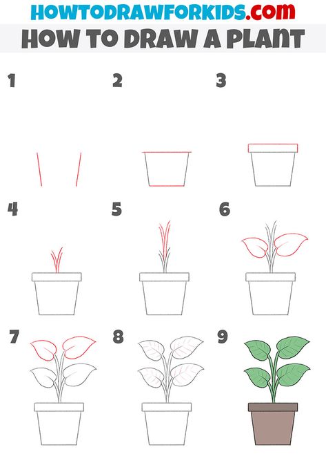 How to Draw a Plant - Easy Drawing Tutorial For Kids How To Draw Plants Step By Step Easy, How To Draw A Plant Step By Step, How To Draw House Plants, How To Draw A Plant, How To Draw Plants Step By Step, Easy Plant Drawings, How To Draw Plants, Plant Drawing Easy, Draw Plants