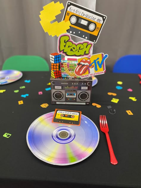 90s Table Centerpieces, 1980s Table Decorations, 80s Table Decorations, Diy 90s Party Decorations, Back To The 90s Party Decor, Diy 90s Party, 90s Decorations, 90s Theme Party Decorations, 90s Party Decorations