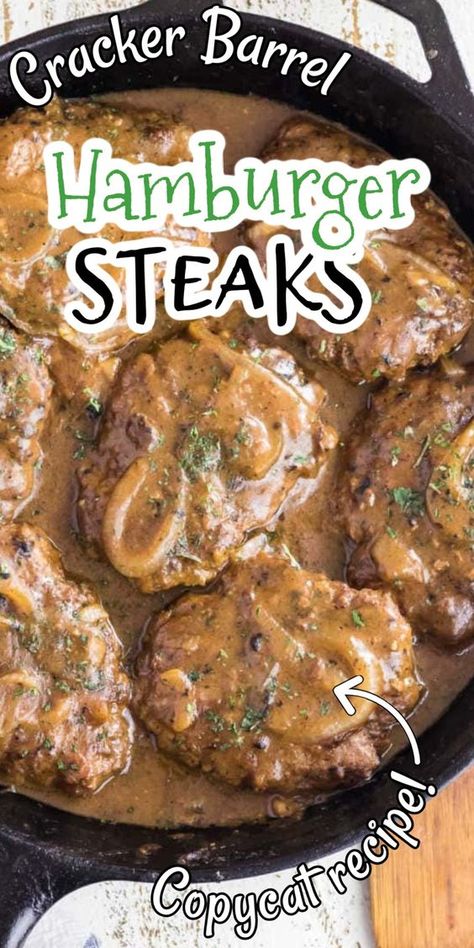 Get ready for some comfort food magic with this Copycat Cracker Barrel Hamburger Steak and Onion Gravy recipe! It's super easy and perfect for busy weeknights. Imagine juicy, seasoned hamburger steaks simmered in a delicious onion gravy until perfectly tender. Serve with some mashed potatoes to soak up all the goodness! Yum!! Cooked Hamburger Recipes, Simple Hamburger Steak Recipes, Cracker Barrel Hamburger Steak, Hot Hamburger With Gravy, Recipes For Hamburger, Hamburger Steak And Gravy Recipe, Hamburger Steak With Brown Gravy, Hamburger Steak With Onion Gravy, Hamburger Steaks With Onion Gravy