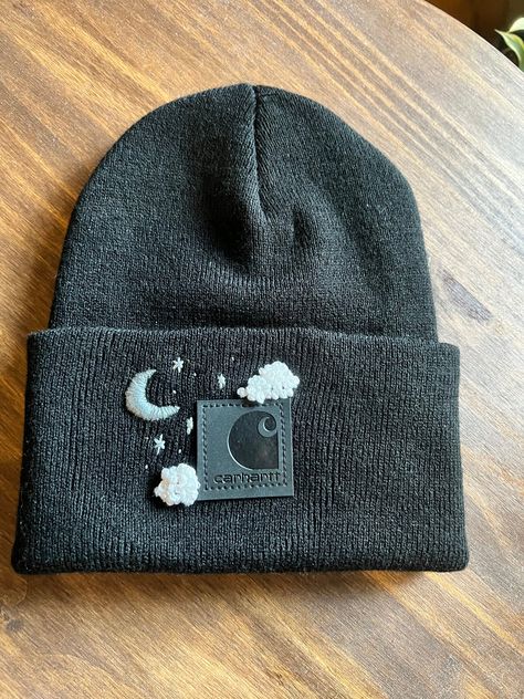 Carharrt Embroidered Beanie, Black Beanie Embroidery, Hand Embroidered Gifts For Men, Cross Stitch Hat, Carhartt Embroidery Diy, Beanie Embroidery Diy, Embroidered Gifts For Men, Hand Embroidery Carhartt Beanie, Carhart Beanies Embroidered