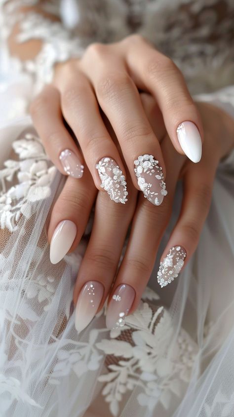 Bridal Pearl Nails, Nail Bride Wedding, Nail Art Wedding Elegant White, Wedding Nail Ideas For The Bride, Bride To Be Nails, Wedding Nails Pearl, Nail Designs For Brides, Bridal Nail Designs, Wedding Nails For Bridesmaids