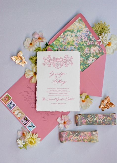 Maxmilalist pink and mauve floral wedding invitations with vintage fine art antique painting. Custom monogram crest with floral envelope liner and vintage stamps. Scroll name cards. Custom fine art wedding invitations. Wedding invitation design. - #fineartwedding #weddinginvitations #weddinginvites #weddingstationery #customweddinginvitations #romanticwedding #weddinginvitationcards #weddinginvitationideas #fineartstationery #weddingpaper Art Birthday Invitations, Romantic Wedding Invitations, Art Wedding Invitations, Painted Wedding Invitation, Floral Envelope Liner, Floral Envelope, Floral Wedding Stationery, Floral Cards Design, Antique Painting