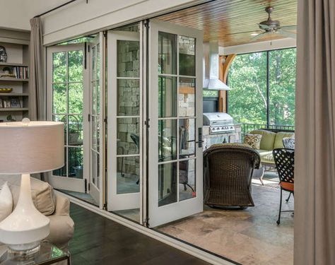 16 Examples of Outdoor Living Design Done Right Sliding Glass Outside Doors, Patio Door To Sunroom, Outdoor Accordion Doors, Folding Outdoor Doors, Folding Exterior Doors Patio, Screened Porch With Double Doors, Enclosed Outdoor Dining Room, Foldable Patio Doors, Enclosed Porch With Sliding Glass Doors