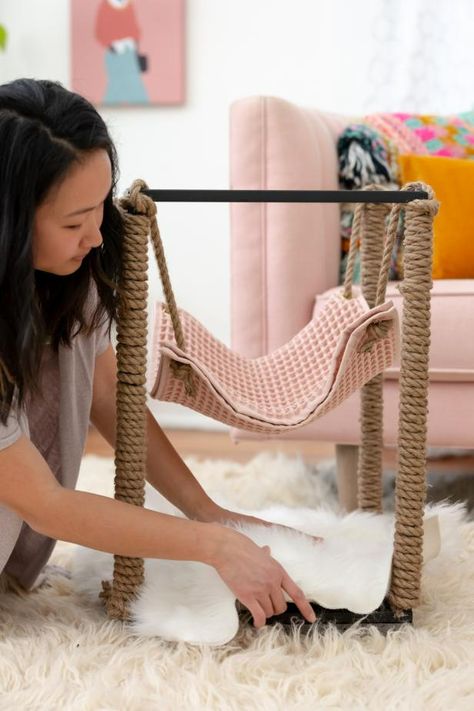 DIY Cat Hammock From Upcycled Furniture | HGTV How To Make A Cat Hammock, Kitty Hammock Diy, Diy Cat Hammock Easy, Crochet Cat Hammock Tutorial, Crocheted Cat Hammock, No Sew Cat Hammock, Diy Dog Ramp, Hammock Ideas, Diy Cat Hammock