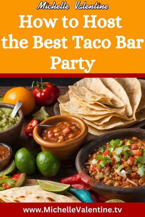 If you're hosting a party at home, consider a taco bar. It's easy to set up and allows guests to create their own tacos. Provide a variety of fillings, toppings, and sauces for a delicious taco experience. #TacoBar #PartyIdeas #CustomTacos #loveeattravel #michellevalentine #travel #food #love #tvshow #pbs #recipes #traveltips #recipes #shop #news Taco Bar Drink Ideas, How To Set Up Taco Bar For Party, Taco Bar Ingredients List, Taco Bars For Parties, Taco Bar Set Up Ideas, Taco Bar Recipes, Hosting A Party At Home, Taco Pictures, Taco Bar Party