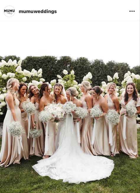 May Bridesmaid Dresses, Mismatched Champagne Bridesmaid Dresses, Champagne Bridal Party, Champagne Wedding Themes, Denise Mercedes, Beige Bridesmaid Dress, Champagne Wedding Colors, Taupe Wedding, Bridal Parties Colors