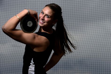 Silver Creek High School discus star Valerie Allman Track And Field Senior Pictures Throwers, Track Senior Pictures Throwers, Discus Thrower Senior Pictures Track And Field, Discus Senior Pictures, Shot Put Senior Pictures, Track And Field Pictures, Track Pictures Poses, Track Poses, Mom Pic