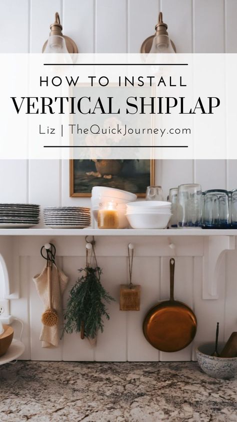 kitchen wall with vertical shiplap and an open shelf with dishes on top. Shiplap In Kitchen, Vertical Shiplap, Shiplap Kitchen, Installing Shiplap, All White Kitchen, Kitchen Plans, Handmade Modern, In Kitchen, Breakfast Room