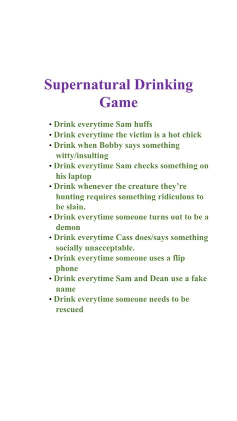 Supernatural drinking game Scary Movie Drinking Games, Supernatural Drinks, Supernatural Drinking Game, Supernatural Recipes, Movie Workouts, Movie Drinking Games, Cute Date Ideas, Drinking Game, Boozy Drinks