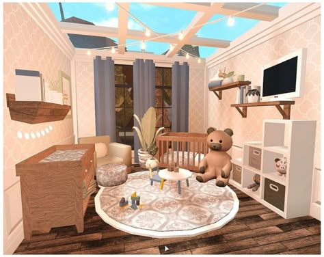 Baby Room Design Bloxburg, Cottage House Bloxburg Interior, Bloxburg Room Ideas No Advanced Placing, Coastal Nursery Bloxburg, Kids Bedroom Ideas Bloxburg, Simple Bedroom Design Bloxburg, Bloxburg Toddler Room, Bloxburg Baby Room Ideas, Bloxburg Playroom Ideas