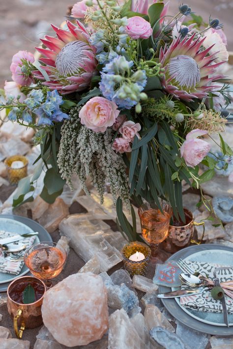 Geode Wedding Inspiration | Zion National Park, UT | Tyler Rye Zion Workshop | Casie Marie Photography Gem Tones Wedding, Geology Wedding, Protea Cynaroides, Crystal Centerpieces Wedding, Desert Inspiration, Tropical Floral Arrangements, Geode Wedding, Earthy Wedding, King Protea