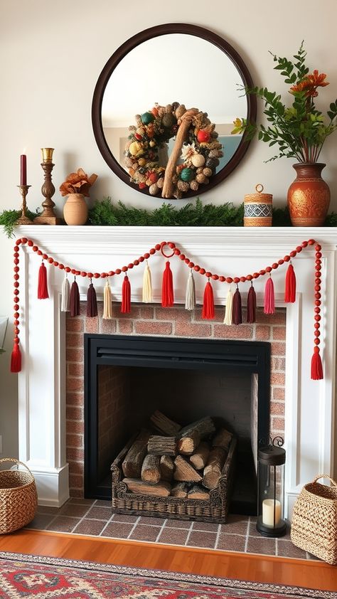 Southwest Christmas Decor, Boho Christmas Decor Ideas, Southwest Christmas, Cozy Boho Living Room, Fall Throw Blanket, Boho Christmas Decor, Layered Rugs, Tree Wall Decor, Holiday Dining