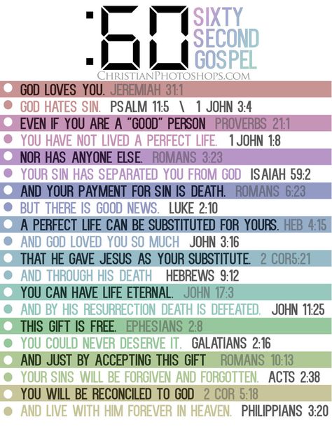 60 Second Gospel || The goal of this image isn't to dumb-down or minimize the gospel message. (You could spend 60 seconds or 60 years studying the gospel and still never fully grasp it). But this image is to highlight the main points of the good news, so that if you only have a few seconds to share, you will be prepared. || by Kevron2001 Psalm 11, Kjv Verses, Bible Highlighting, Gospel Quotes, Bible Study Topics, Study Notebook, Bible Study Plans, Ephesians 2, Bible Quotes Telugu