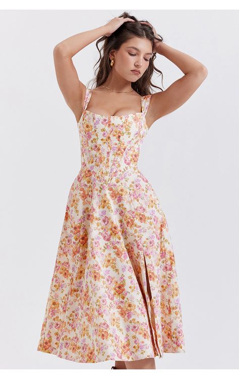 Clothing : Midi Dresses : 'Saira' Ivory Floral Midi Sundress Corset Midi Dress, Waist Corset, Midi Sundress, Mini Sundress, Floral Print Midi Dress, Floral Sundress, Sleeves Clothing, Red Midi Dress, Brunei