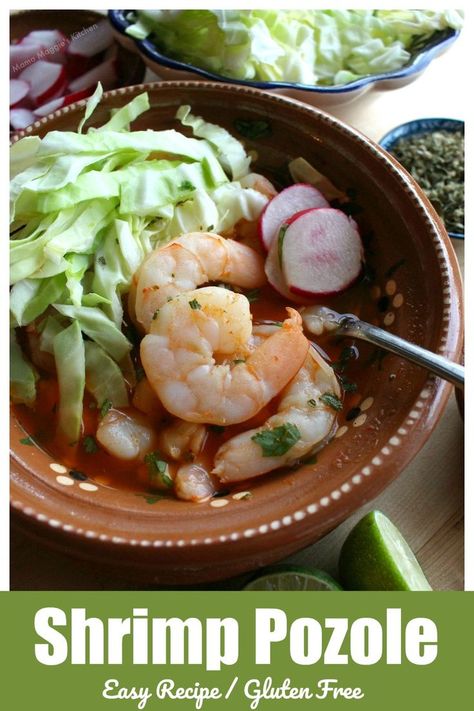 Shrimp Pozole (Pozole de Camaron) is a hearty and incredibly delicious Mexican stew. It's ready in 30 MINUTES! Add all the toppings - cabbage, radishes, onions, oregano, etc. - to a satisfying bowl of yummy goodness. Bonus: It's gluten free! Such an easy dish to love. Check out the step-by-step recipe tutorial by Mama Maggie's Kitchen Mexican Shrimp Recipes, Mexican Stew, Mexican Shrimp, Mexican Dinner Recipes, Shrimp Dishes, Hearty Stews, Shrimp Recipe, Easy Dishes, Mexican Food Recipes Authentic