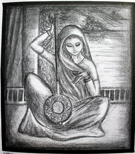 Meerabai Sketch Meerabai Sketch, Meera Bai Images, Mythological Women, Meera Bai, Baby Hairstyle, Pencil Sketches Easy, Mother Painting, Wedding Symbols, Women Illustration