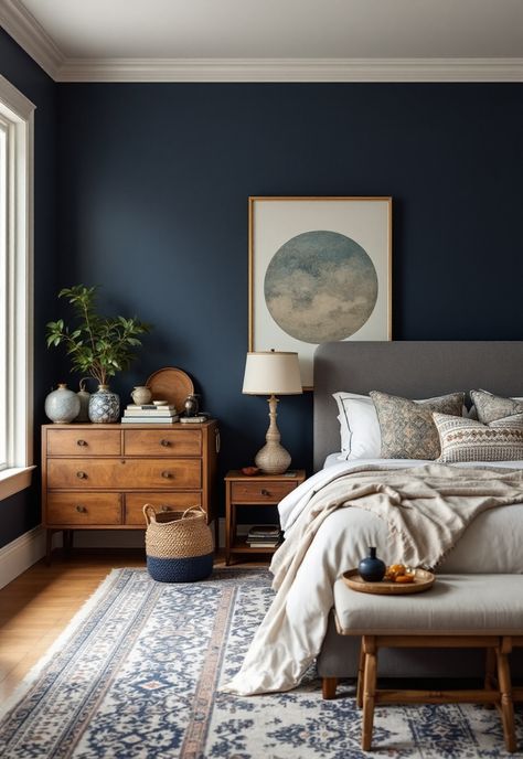 Blue Boho Girls Bedroom Natural And Blue Bedroom, Denim Blue Bedroom Walls, Navy Wall Master Bed, Deep Blue Walls Bedroom, Navy Blue Small Bedroom, Dark Blue Rustic Bedroom, Blue On Blue Bedroom, Navy Wallpaper Bedroom, Soft Blue Bedroom Aesthetic Cozy