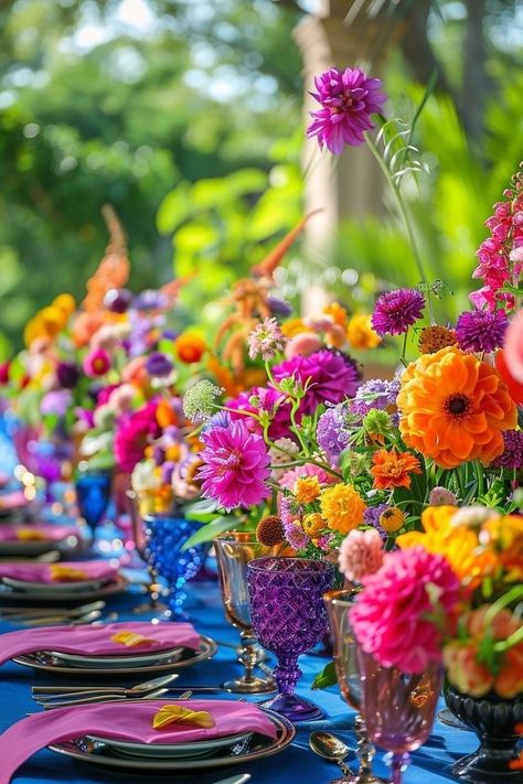 Events Place Design Ideas, Different Color Tablecloths Wedding, Bright Garden Party, Vibrant Garden Wedding, Colorful Glassware Wedding, Colorful Wedding Tablescape, Bright Wedding Table, Vibrant Wedding Decor, Bohemian Wedding Table Decor