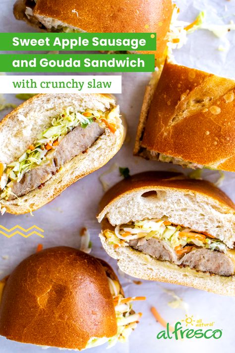 Move over cold cuts - there's a new sandwich in town! Carolyn's Cooking combined Sweet Apple Chicken Sausage, gouda, and crunchy slaw for something sweet and savory 😋 Mix things up and give it a try! #sandwich #lunch #chickensausage #chickenrecipes #food Chicken Sausage Sandwich Recipes, Chicken Sausage Sandwich, Gouda Sandwich, Sausage Sandwich Recipes, Sausage Sandwich, Chicken Sausage Recipes, Curried Sausages, Crab Sandwich, Sausage Wrap