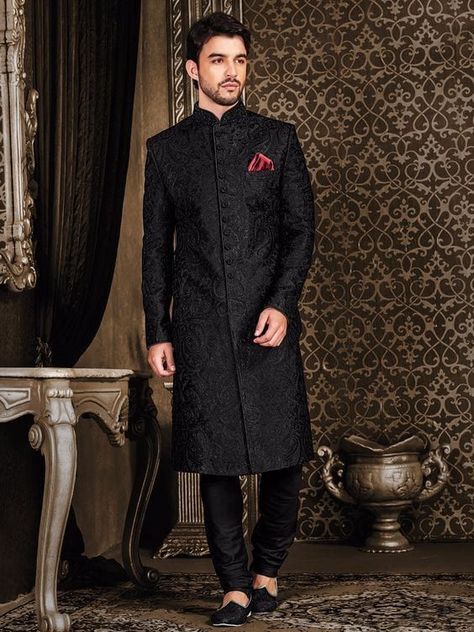 Black Sherwani Designs Sherwani Design, Guy Styles, Black Sherwani, Hatsune Miku Cosplay, Mens Indian Wear, Sherwani For Men Wedding, Male Wedding, Groom Dress Men, Indian Groom Wear