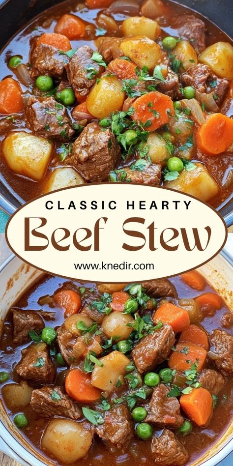 Classic Hearty Beef Stew  Ingredients:  2 lb beef chuck, cut into 1-inch cubes 2 tablespoons olive oil 1 large onion, chopped 3 garlic cloves, minced 3 large carrots, sliced 4 potatoes, diced 2 stalks celery, chopped 1 cup red wine (optional) 4 cups beef broth 2 tablespoons tomato paste 1 tablespoon Worcestershire sauce 2 bay leaves 1 teaspoon dried thyme Salt and pepper to taste 2 tablespoons fresh parsley, chopped (for garnish)  #Classic #Hearty #Beef #Stew Beef Stew With Worcestershire Sauce, Beef Cubes Soup Recipe, Vegetable Beef Stew Instant Pot, Beef Stew For A Crowd, Vegetable Beef Stew, Chunky Beef Stew, Beef Vegetable Stew, Beef Stew Ingredients, Beef And Potato Stew