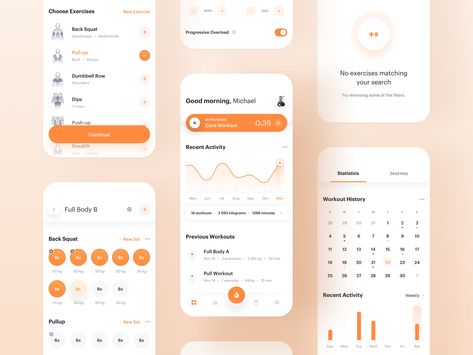 Shape — fitness app 🔥 by Michał Roszyk Statistics App, Ux Kits, Shape Fitness, Tracking App, Fitness App, Mobile Ui Design, Health App, Orange Design, Dashboard Design