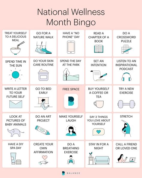 Bingo Board: Celebrate National Wellness Month | The Balance App Wellness Bingo Ideas, Wellness Month Ideas, National Wellness Month, Wellness Event Ideas, Monthly Bingo, Wellness Bingo, Coping Methods, Project Journal, Staff Engagement