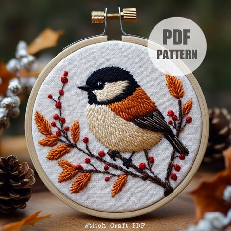 DESCRIPTION Capture the beauty of nature with this Bird and Autumn Branch Hand Embroidery Pattern! Perfect for bird lovers and embroidery enthusiasts of all skill levels, this design features a charming bird perched on a branch with vibrant berries and leaves. Create stunning hoop art with this instantly downloadable pattern. Let's stitch and bring this lovely bird to life! YOUR DOWNLOAD INCLUDES: ~ Printable PDF pattern in 6 sizes: 3,4,5,6,7 and 8 inches, giving you the flexibility to adapt it Autumn Embroidery Patterns, Fall Hand Embroidery, Nature Embroidery Designs, Christmas Embroidery Ideas, Christmas Hand Embroidery, Embroidery Bird, Bird Embroidery Pattern, Autumn Embroidery, Bird Template