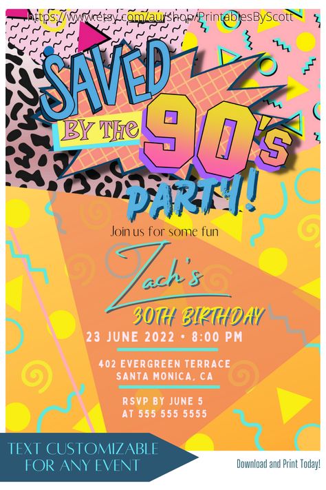 Retro Graffiti, 90th Birthday Invitations, Presentation Cards, 90s Party, Saved By The Bell, Retro Party, 90th Birthday, Birthday Sign, 30th Birthday