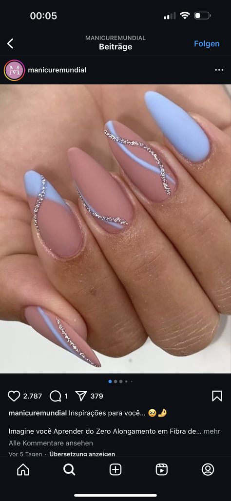 Beige And Blue Nails, Light Blue And Silver Nail Designs, Almond Nails Light Blue, Blue Nails With Diamonds, Blue Nude Nails, Blue Baby Shower Nails, Blue And Nude Nails, Light Blue Almond Nails, Cute Light Blue Nails