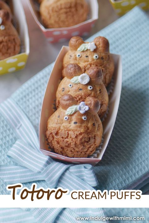 Totoro Cream Puffs filled with a delicious Earl Grey Cream and buttery cookie crust. Perfect for holiday gift giving. They are so cute and adorable. This recipe is great for making character cream puffs. #creampuffs #totoro #holidaygifts #christmas #xmasgifts #creampuffs #eclairs #cute Earl Grey Cream, Cream Puff Filling, Cute Totoro, Cream Puff Recipe, Crispy Cookies, Choux Pastry, Cream Puff, Grey Tea, Cookie Crust